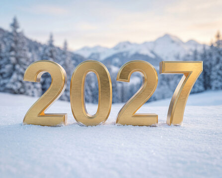 Golden 3D 2027 numbers on fresh snow with a snowy mountain landscape background.