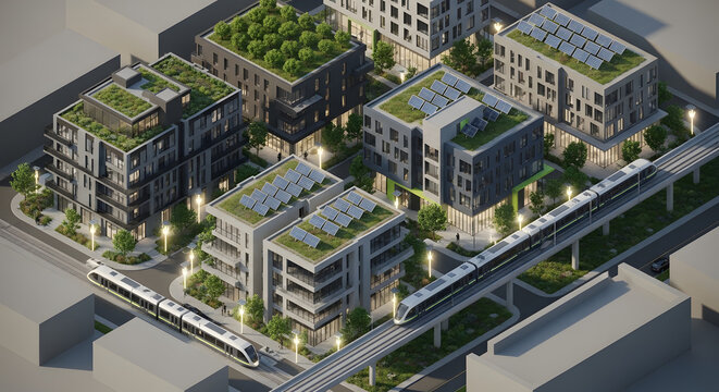 Sustainable Modern City Planning with Green Roofs, Solar Panels, and Light Rail Transit System - Eco-Friendly Urban Development Concept