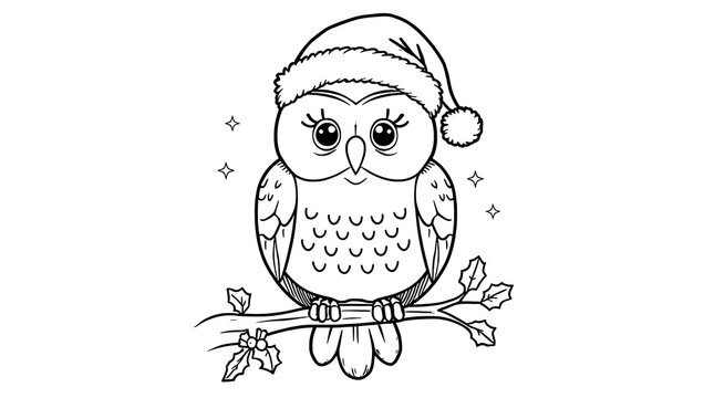 Cute cartoon owl wearing a Santa hat sits on a branch with holly and stars