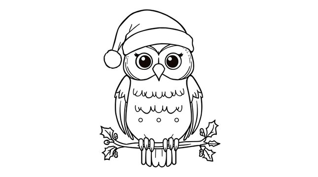 Cute cartoon owl wearing a Santa hat sits on a holly branch, line art