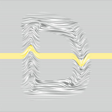 Stylized letter D formed by warped horizontal gray lines with a yellow accent band, creating a 3D wave distortion and optical illusion in modern typographic abstraction.