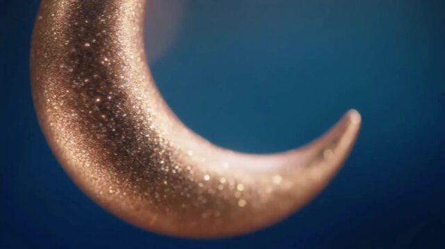 Close up view of golden crescent moon ornament with glittery surface against soft blue blurred background featuring bokeh light effects