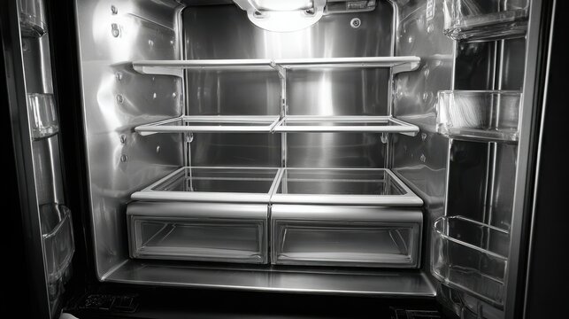 Clean interior view of empty stainless steel refrigerator shelves and drawers with bright interior lighting