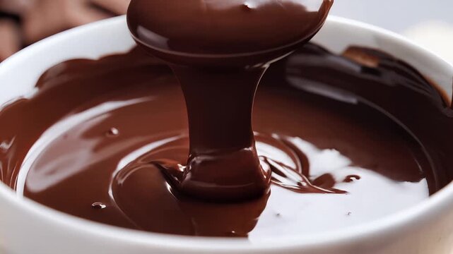 Closeup of rich melted dark chocolate being stirred in a white bowl.
