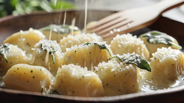 Delicious Gnocchi with Sage and Butter Sauce Sprinkled with Parmesan Cheese.