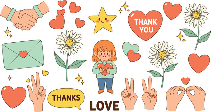 Cute gratitude and love doodle elements collection with hearts, handshake, thank you text, flowers, envelope, peace hand signs, and adorable character vector set
