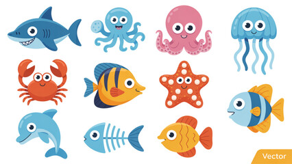 Obraz premium Colorful cartoon sea creatures swimming in a playful underwater scene Vector