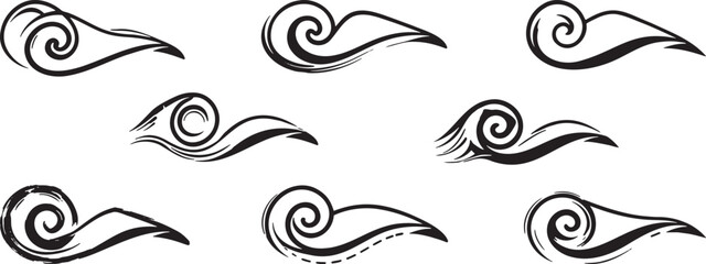 Fototapeta premium Abstract wave swirl line icons set ocean water motion curves minimal black outline vector pack