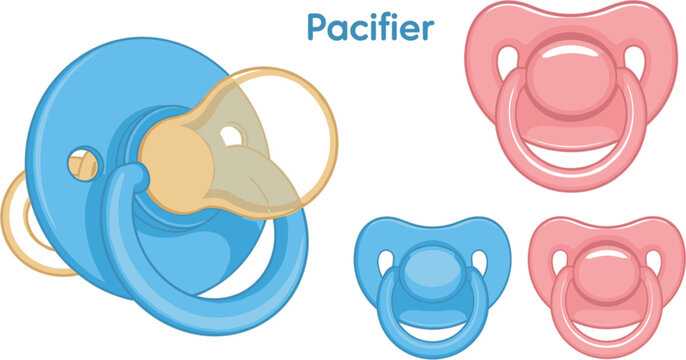 Set of cute baby pacifiers in blue and pink colors for newborn infants, childcare accessories, parenthood concepts, and nursery equipment isolated on white background vector illustration.