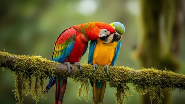 Two colorful parrots perched on mossy branch in tropical rainforest setting affectionate macaws 4K Ai HD high quality video.