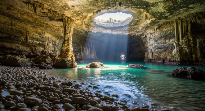 Underground cave with a circular opening and turquoise water pool