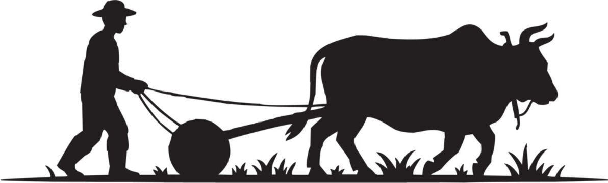 Agriculture farming vector illustration for rural tattoo or traditional logo. Glyph pictograms of ox pulling plow. Vector illustration isolated on transparent background