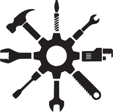 Workshop gear vector illustration for mechanic tattoo or industrial logo. Glyph pictograms of gear surrounded by hammer, wrench, screwdriver and pliers. Vector illustration isolated on transparent bac