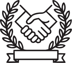 Obraz premium Partnership handshake vector illustration for corporate tattoo or achievement logo. Glyph pictograms of hands shaking surrounded by laurel branches. Vector illustration isolated on transparent backgro