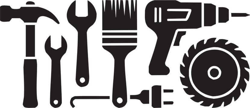 Craft tools vector illustration for workshop tattoo or industrial logo. Glyph pictograms of wrench, paintbrush and screwdriver. Vector illustration isolated on transparent background