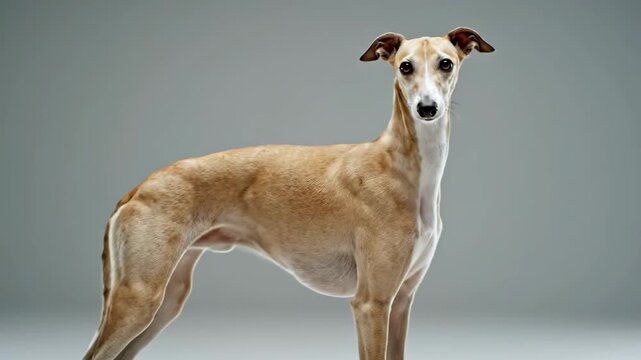 Elegant Whippet dog standing gracefully in a studio setting