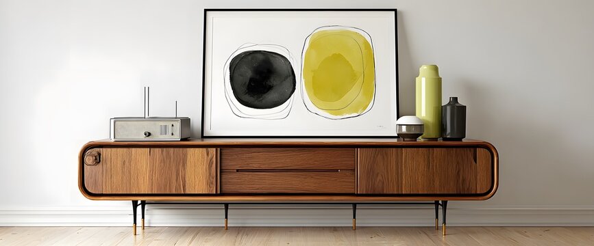 Mid-century modern wooden sideboard with abstract painting