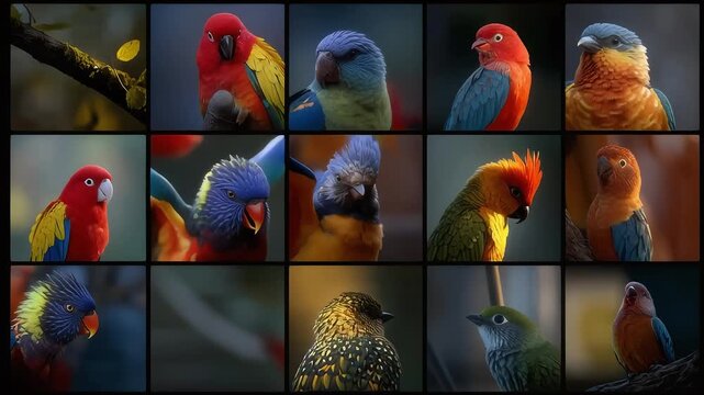 An extraordinary visual symphony presenting many colorful birds in one frame, a vibrant spectacle of diverse species and their stunning plumage