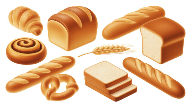 Assorted baked goods including breads, rolls, and pastries displayed together Vector