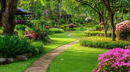 Fototapeta premium Lush, well-maintained parkland features a winding stone pathway bordered by vibrant flowering bushes and dense green foliage.