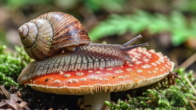 Closeup of a snail crawling on a vibrant red mushroom in a forest setting.