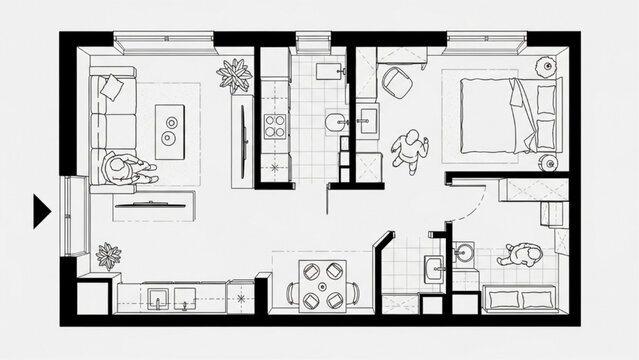 Two-Bedroom Apartment Floor Plan CAD Drawing &ndash; Fully Furnished Layout with Kitchen, Bath & Living Area
