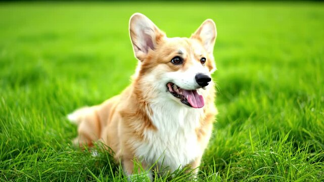 Happy Pembroke Welsh Corgi Dog Smiling in Lush Green Outdoor Field