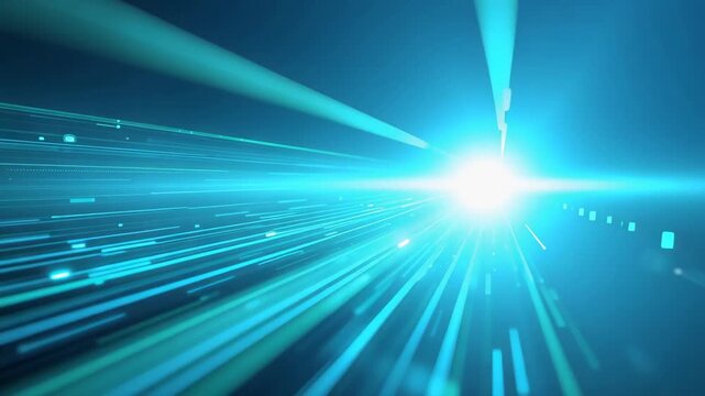 Futuristic light streak neon convergence motion dynamic teal light trails toward vanishing horizon