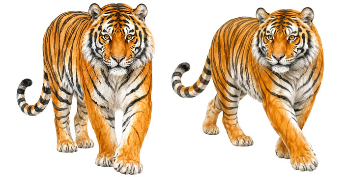 A charming watercolor collection of tigers featuring powerful wild big cats with bold orange fur and black stripes illustrated in a natural wildlife style.