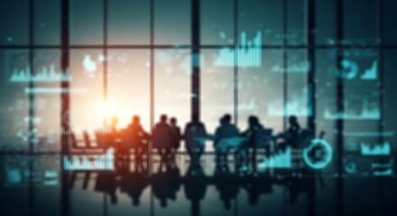 Naklejka premium Business team silhouettes sitting in a conference room with teal digital data charts and glowing financial graphs during a bright golden sunset light