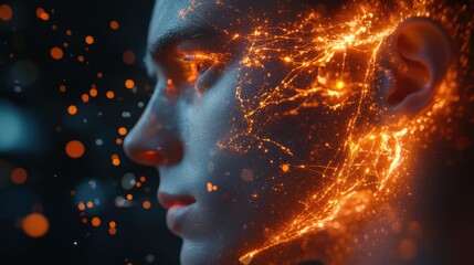 Abstract Human Head with Fiery Energy and Particles.