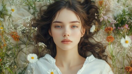 Young Woman Lying Down Surrounded by Flowers.