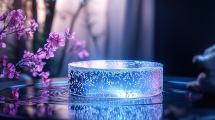 Abstract Blue Ice Podium with Purple Flowers.