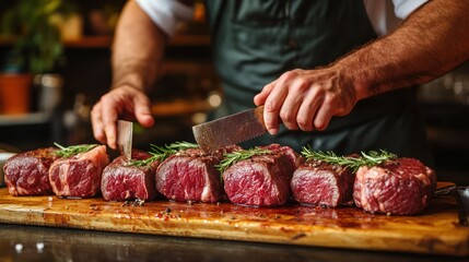 Raw Beef Steaks Prepared for Cooking on a Wooden Board.