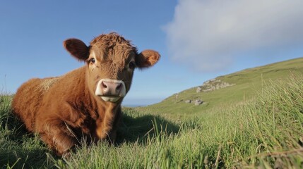 Brown Cow Lying in a Grassy Field Under a Blue Sky.