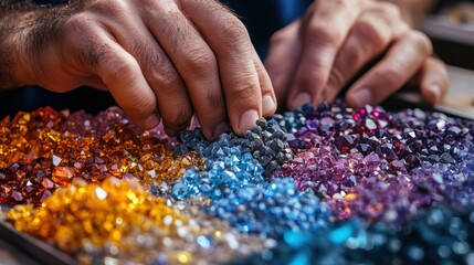 Close-up of Hands Sorting Colorful Gemstones.