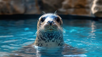 Close-up of a Seals Face Emerging from Blue Water.