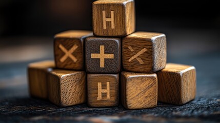 Wooden Blocks with Mathematical Symbols and Letters.