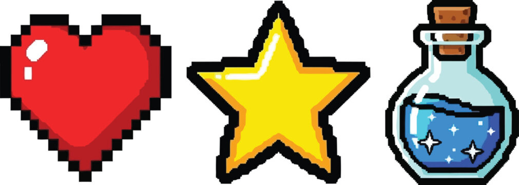 a vibrant pixel art display showcasing a red heart a yellow star and a potion bottle with sparkling blue liquid