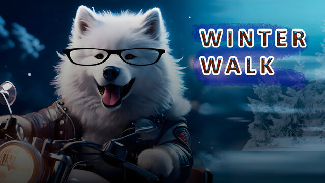 Dog in glasses enjoying a winter walk in the park with snow and trees