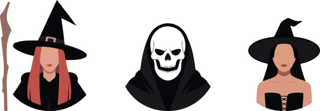 Flat Halloween vector set with two witches and skeleton badge dark fantasy spooky themed minimalist illustration