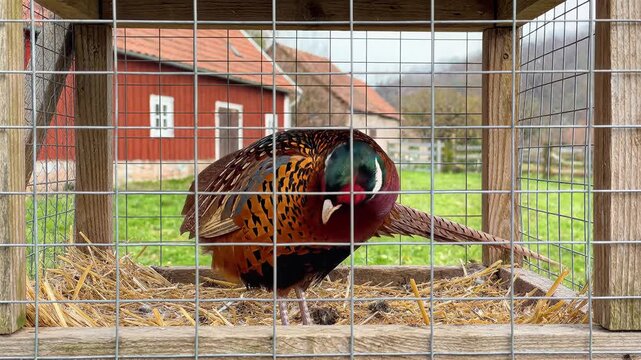 A Male RingNecked Pheasant Bird in a Wooden Cage on a Farm.