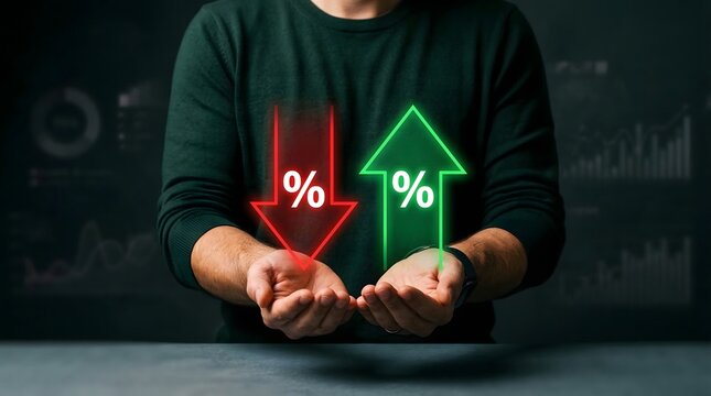Hands presenting glowing red down and green up percentage arrows indicating financial data changes in a dark analytical business background