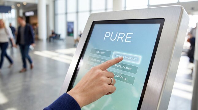 A person's finger touches a digital screen displaying the word "PURE" on an interactive kiosk.