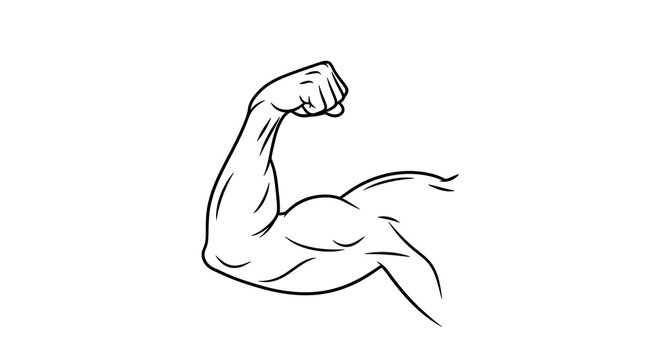 A line drawing depicts a muscular arm flexing its biceps against a stark white background, rendered in a minimalist style that emphasizes the anatomical form and strength, evoking a clean