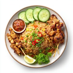 Fototapeta premium Nasi goreng ayam Indonesia food plate with fried rice isolated on a white background