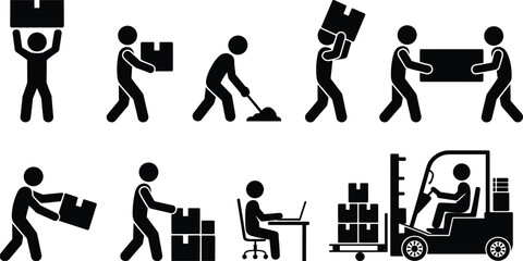 Stick Figure Icons Of People Working With Boxes And Forklift person © Ariful
