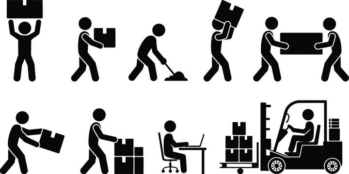 Stick Figure Icons Of People Working With Boxes And Forklift person