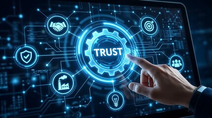 Obraz premium A hand touches a luminous blue digital screen with TRUST in a central gear icon surrounded by connected symbols of security business and innovation co