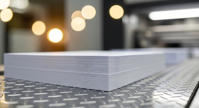 Large stack of white blank paper on a metallic diamond plate surface in an industrial printing plant with golden bokeh lights in the background